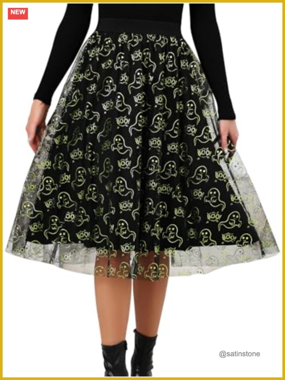 Halloween Tulle Mesh Midi Skirt Elastic Waist Flowy Women's Party